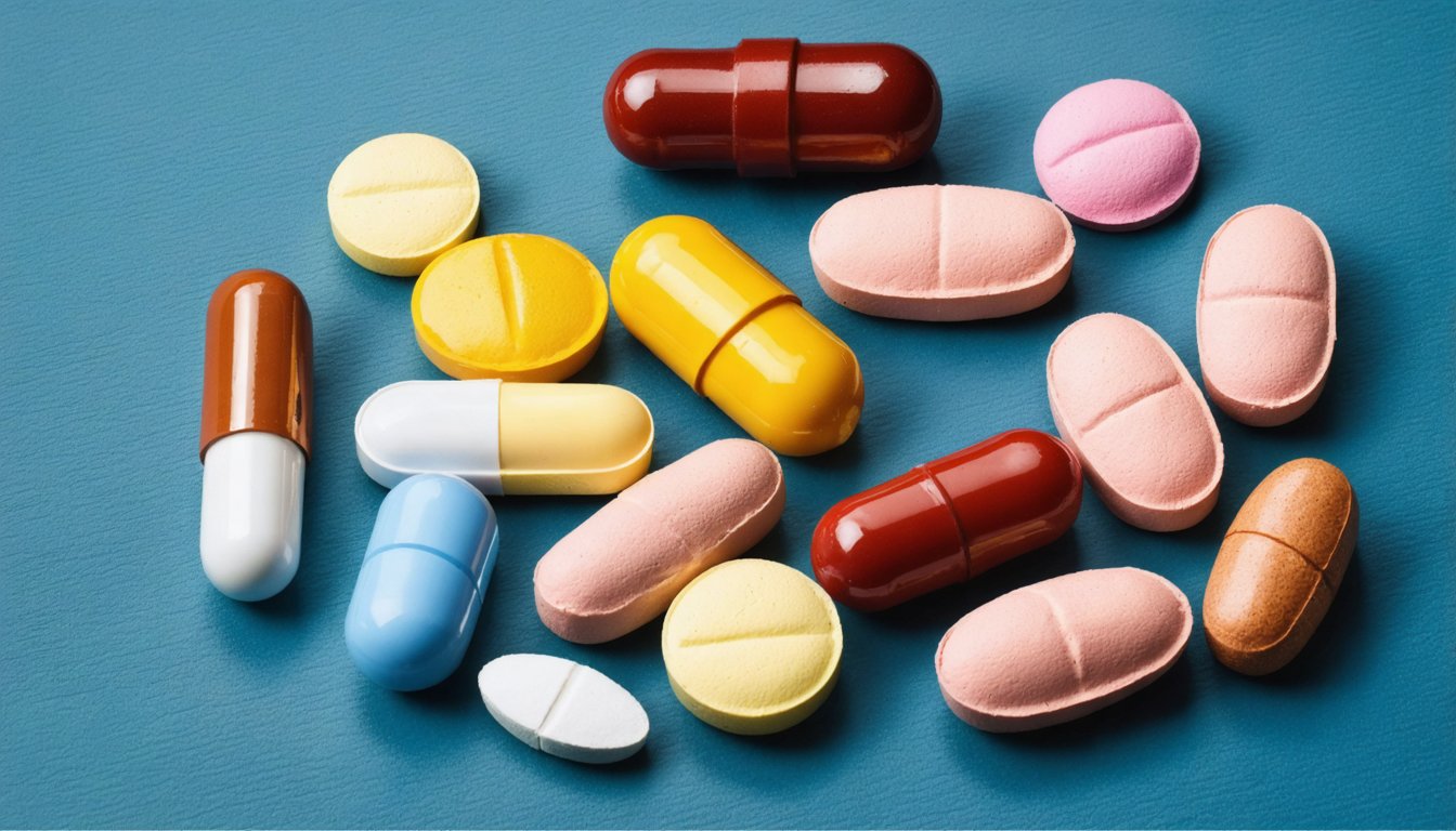 Various dietary supplements and herbal capsules marketed for male potency improvement placed next to a stethoscope and medical notebook